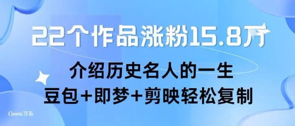 22个作品涨粉15.8W ，介绍历史名人的一生 ， 豆包+即梦+剪映轻松复制-保成圈-山云人力,分享创业咨询_最新网络项目资源