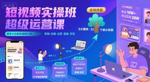 短视频实操班超级运营课，新手小白到短视频大神必修课程，剪辑-拍摄-运营-直播-变现-保成圈-山云人力,分享创业咨询_最新网络项目资源