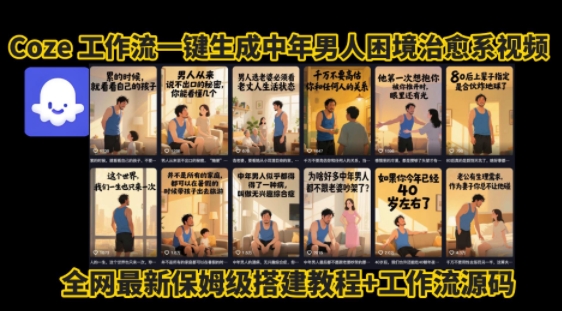 coze工作流一键生成”中年男人困境扎心高涨粉高播放量图文视频”保姆级拆解教程，无需剪辑，无需拍摄写文案-保成圈-山云人力,分享创业咨询_最新网络项目资源