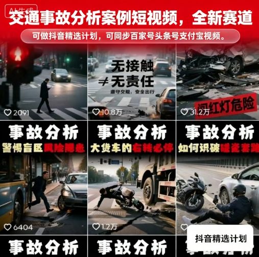 交通事故分析案例短视频，全新赛道，可做抖音精选计划，可同步百家号头条号支付宝视频号平台-保成圈-山云人力,分享创业咨询_最新网络项目资源