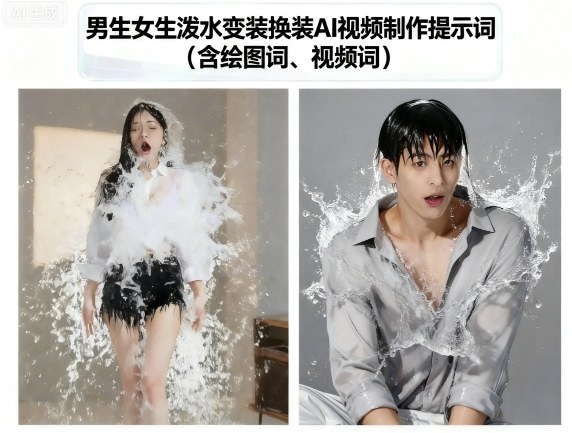 男生女生泼水变装换装AI视频制作提示词(含绘图词、视频词)-保成圈-山云人力,分享创业咨询_最新网络项目资源
