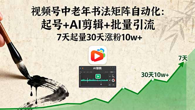 视频号中老年书法矩阵自动化：起号+AI剪辑+批量引流 7天起量30天涨粉10w+-保成圈-山云人力,分享创业咨询_最新网络项目资源