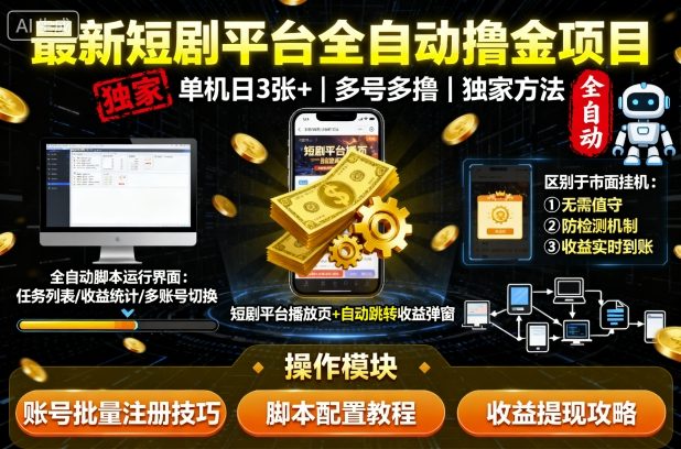 最新短剧平台全自动挂G撸金项目，单机一天3张+，多号多撸，区别于市面所有挂机项目，独家方法【揭秘】-保成圈-山云人力,分享创业咨询_最新网络项目资源