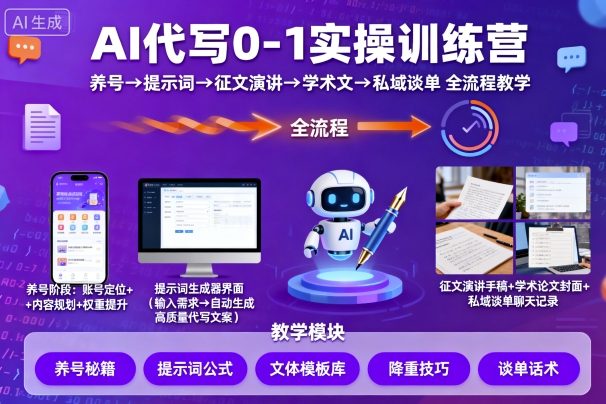 AI代写0-1实操训练营，从养号、提示词、征文演讲、学术文，到私域谈单的全流程教学-保成圈-山云人力,分享创业咨询_最新网络项目资源