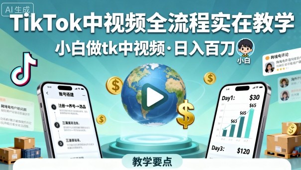 TikTok中视频全流程实操教学，小白做tk中视频，日入百刀-保成圈-山云人力,分享创业咨询_最新网络项目资源