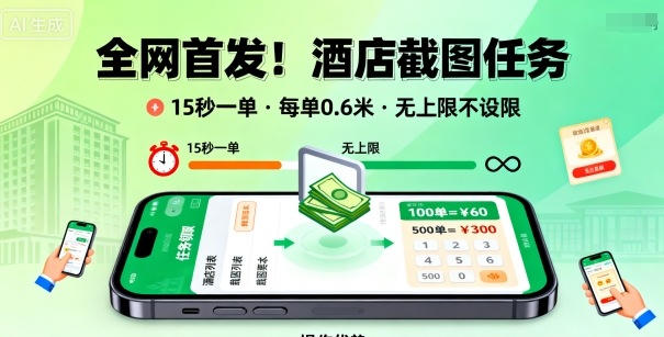 全网首发！酒店截图任务，15秒一单，每单0.6米，任务无上限不设限，矩阵操作单日3张到手【揭秘】-保成圈-山云人力,分享创业咨询_最新网络项目资源