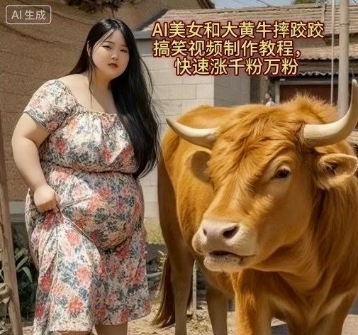 AI美女和大黄牛摔跤搞笑荒诞视频制作教程，快速涨千粉万粉-保成圈-山云人力,分享创业咨询_最新网络项目资源