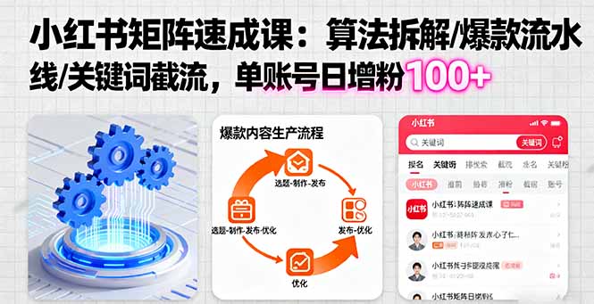 小红书矩阵起号速成课：算法拆解/爆款流水线/关键词截流 单账号日增粉100+-保成圈-山云人力,分享创业咨询_最新网络项目资源