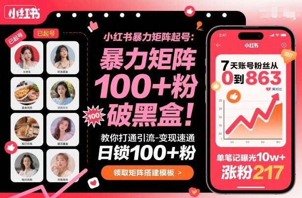小红书暴力矩阵起号，教你打通引流-变现速通，日锁100+粉，破流量黑盒-保成圈-山云人力,分享创业咨询_最新网络项目资源