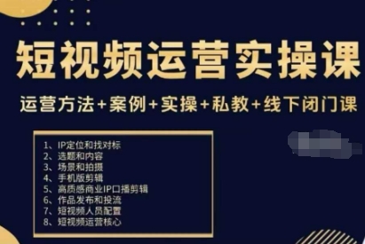 短视频运营实操课,运营方法+案例+实操+私教+线下闭门课