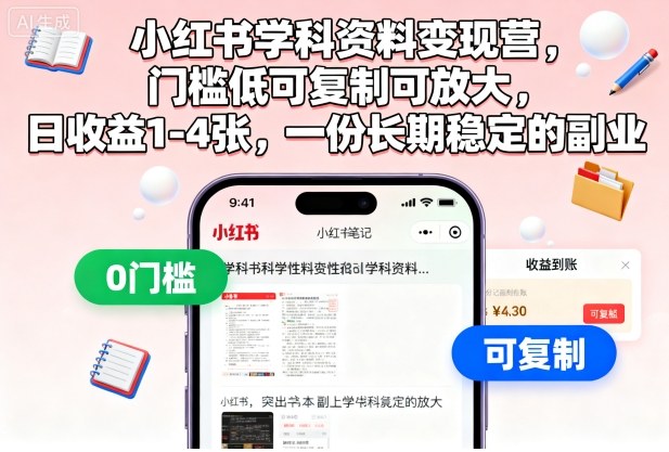 小红书学科资料变现营，门槛低可复制可放大，日收益1-4张，一份长期稳定的副业-保成圈-山云人力,分享创业咨询_最新网络项目资源