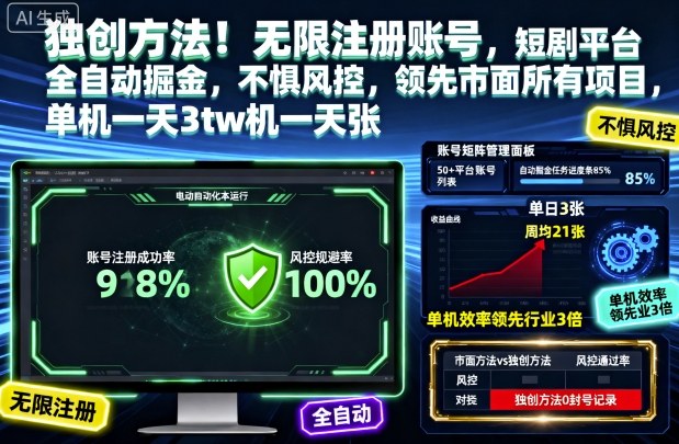 独创方法！无限注册账号，短剧平台全自动掘金，不惧风控，领先市面所有项目，单机一天3张【揭秘】-保成圈-山云人力,分享创业咨询_最新网络项目资源