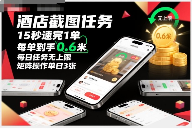 酒店截图任务，15秒速完1单，每单到手0.6米，每日任务无上限，全网首发玩法，矩阵操作单日3张【揭秘】-保成圈-山云人力,分享创业咨询_最新网络项目资源