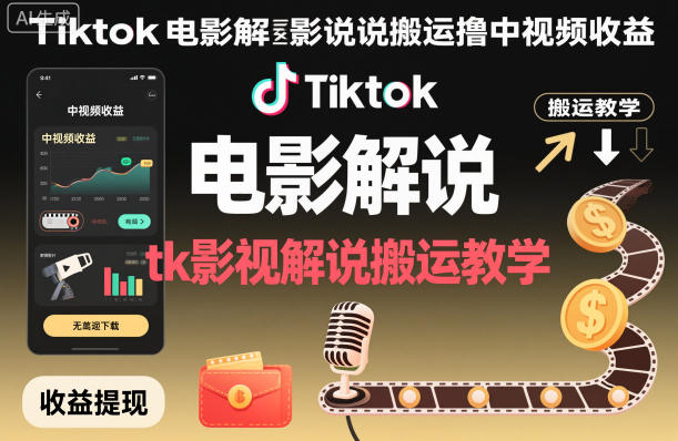 Tiktok电影解说搬运撸中视频收益，tk影视解说搬运教学-保成圈-山云人力,分享创业咨询_最新网络项目资源