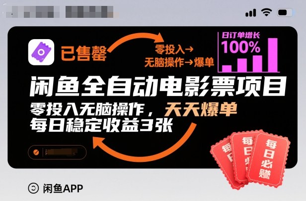闲鱼全自动电影票项目，零投入无脑操作，天天爆单，每日稳定收益3张【揭秘】-保成圈-山云人力,分享创业咨询_最新网络项目资源