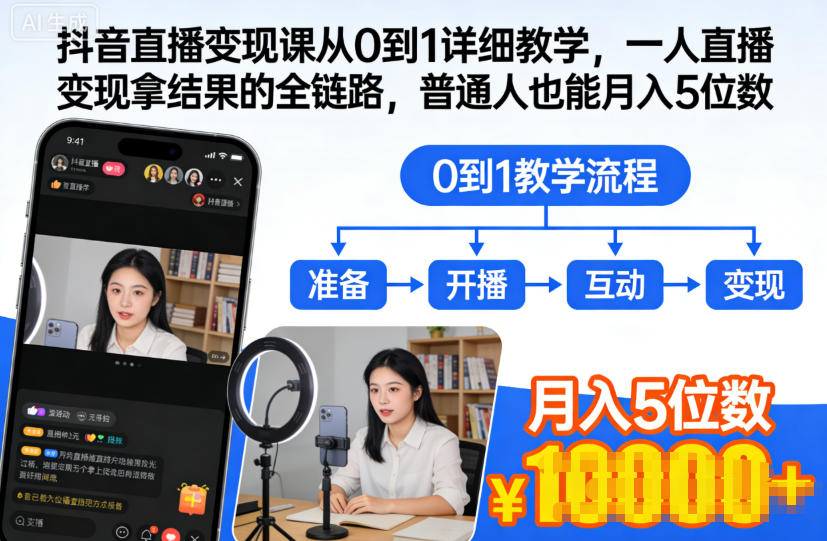 抖音直播变现课从0到1详细教学，一人直播变现拿结果的全链路，普通人也能月入5位数-保成圈-山云人力,分享创业咨询_最新网络项目资源