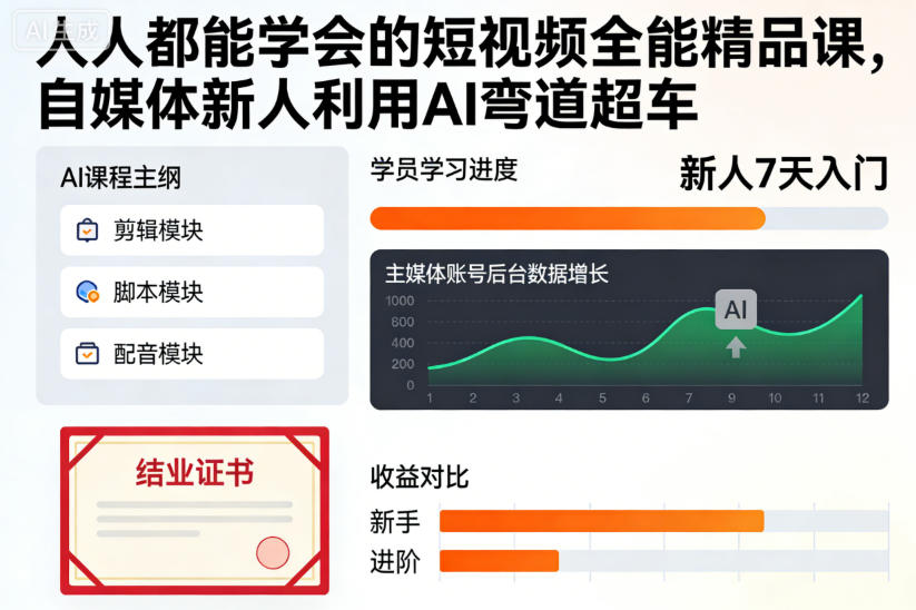 人人都能学会的短视频全能精品课，自媒体新人利用AI弯道超车-保成圈-山云人力,分享创业咨询_最新网络项目资源