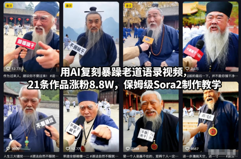 用AI复刻暴躁老道语录视频，21条作品涨粉8.8W，保姆级Sora2制作教学-保成圈-山云人力,分享创业咨询_最新网络项目资源