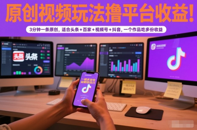 原创视频玩法撸平台收益，3分钟一条原创，适合头条+百家+视频号+抖音，一个作品吃多份收益-保成圈-山云人力,分享创业咨询_最新网络项目资源