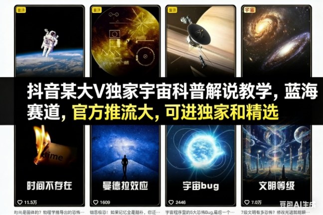 抖音某大V独家宇宙科普解说教学，蓝海赛道，官方推流大，可进独家和精选-保成圈-山云人力,分享创业咨询_最新网络项目资源