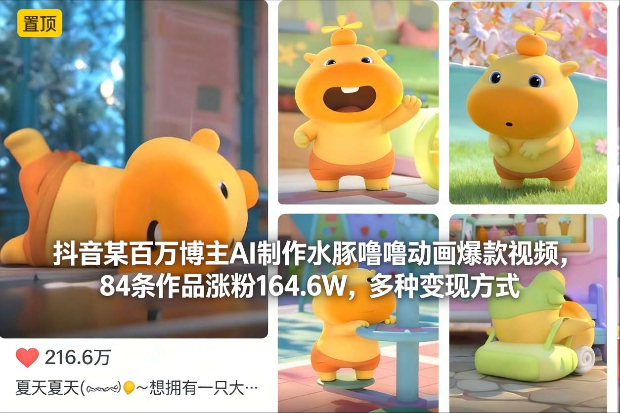 抖音某百万博主AI制作水豚噜噜动画爆款视频，84条作品涨粉164.6W，多种变现方式-保成圈-山云人力,分享创业咨询_最新网络项目资源