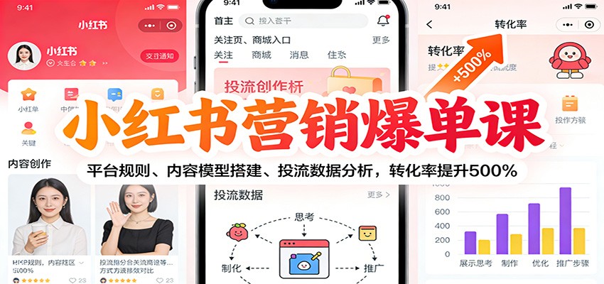 小红书营销爆单课：平台规则、内容模型搭建、投流数据分析，转化率提升500%-保成圈-山云人力,分享创业咨询_最新网络项目资源