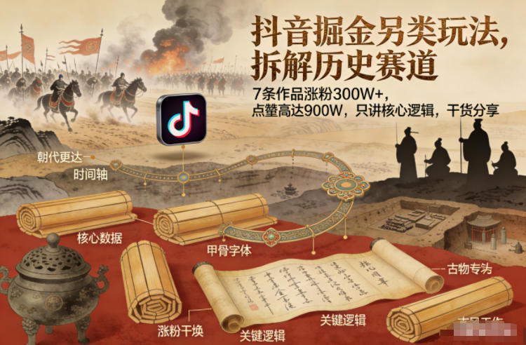 抖音掘金另类玩法，拆解历史赛道，7条作品涨粉300W+，点赞量高达900W，只讲核心逻辑，干货分享-保成圈-山云人力,分享创业咨询_最新网络项目资源