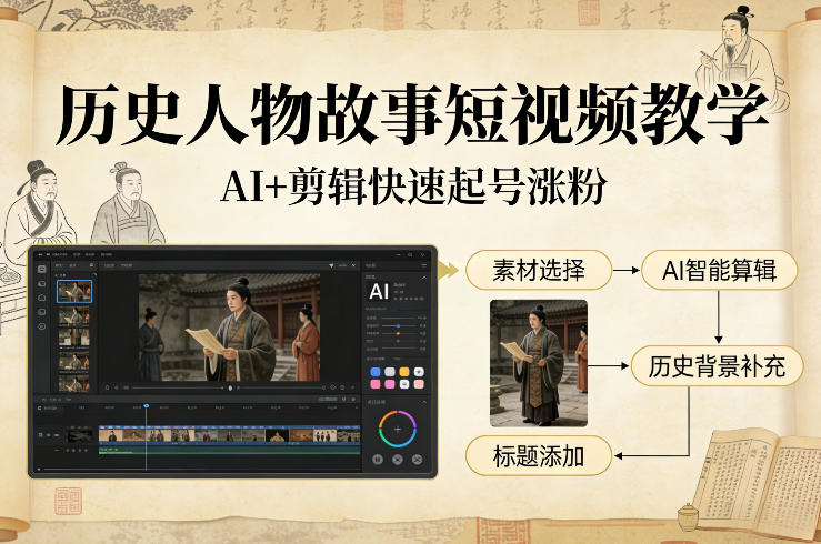 历史人物故事短视频教学，AI+剪辑制作历史人物题材短视频，快速起号涨粉-保成圈-山云人力,分享创业咨询_最新网络项目资源