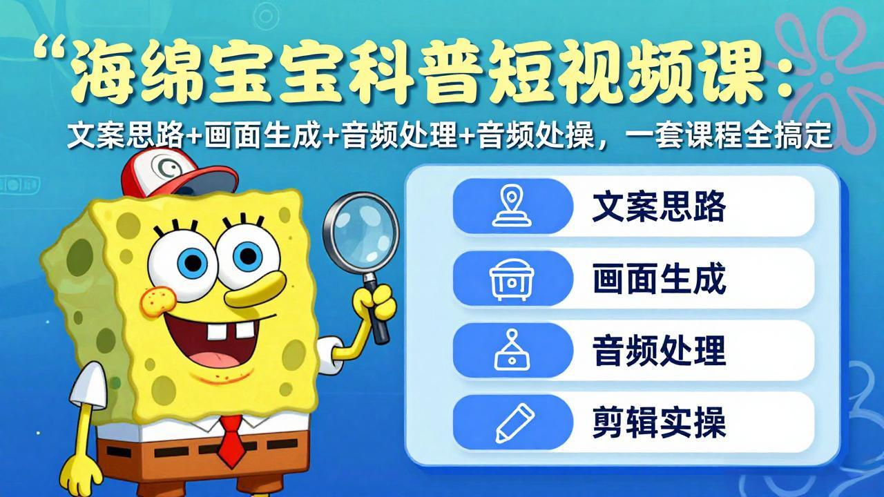 海绵宝宝科普短视频课：文案思路+画面生成+音频处理+剪辑实操，一套课程全搞定-保成圈-山云人力,分享创业咨询_最新网络项目资源