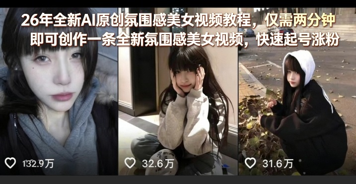 26年全新AI原创氛围感美女视频教程，仅需两分钟即可创作一条全新氛围感美女视频，快速起号涨粉-保成圈-山云人力,分享创业咨询_最新网络项目资源