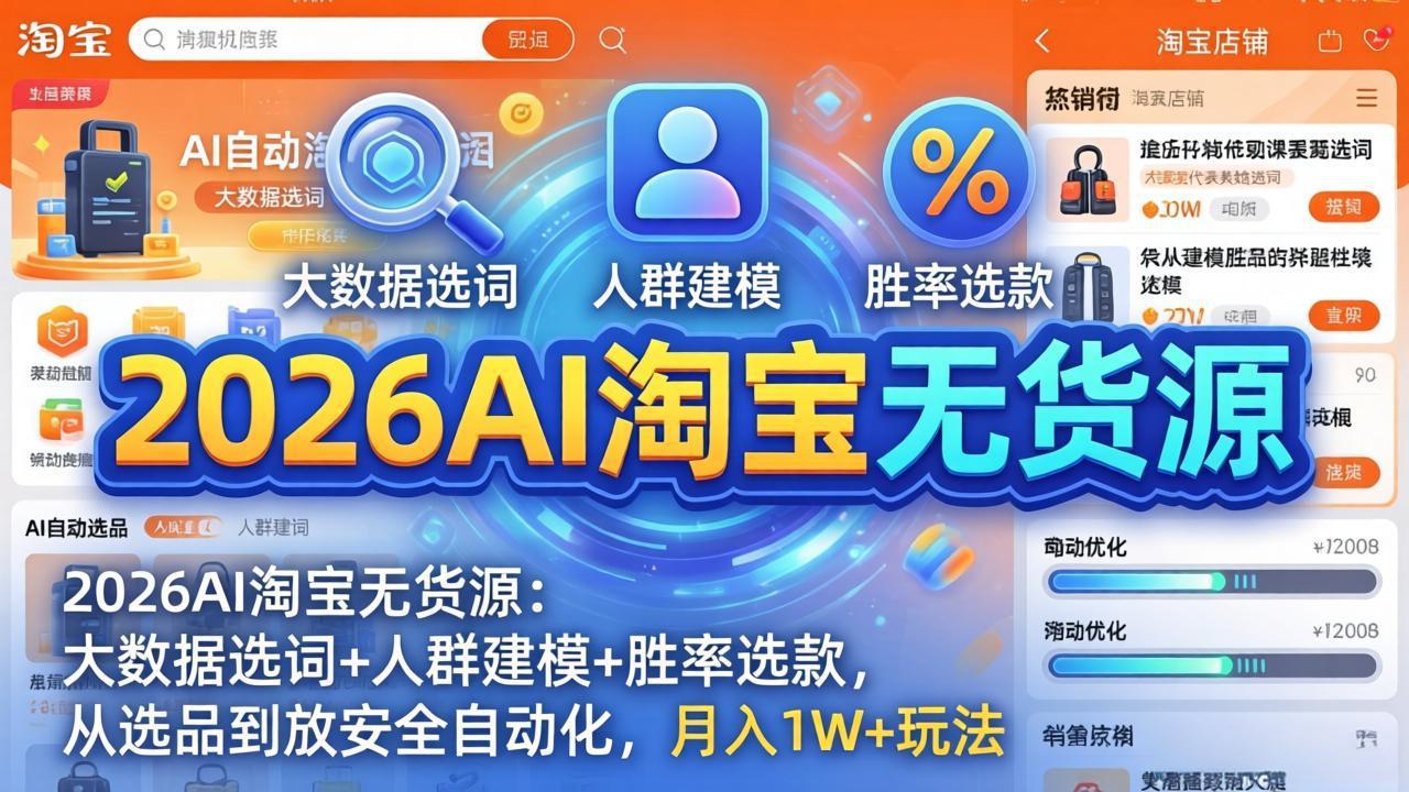 2026AI淘宝无货源：大数据选词+人群建模+胜率选款，从选品到放大全自动化，月入1W+玩法-保成圈-山云人力,分享创业咨询_最新网络项目资源