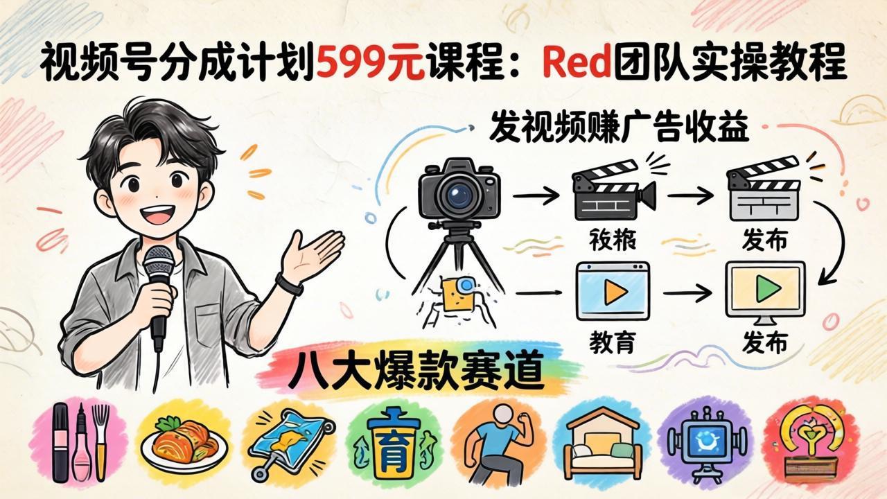 视频号分成计划599元课程：Red团队实操教程，发视频赚广告收益，八大爆款赛道全掌握-保成圈-山云人力,分享创业咨询_最新网络项目资源