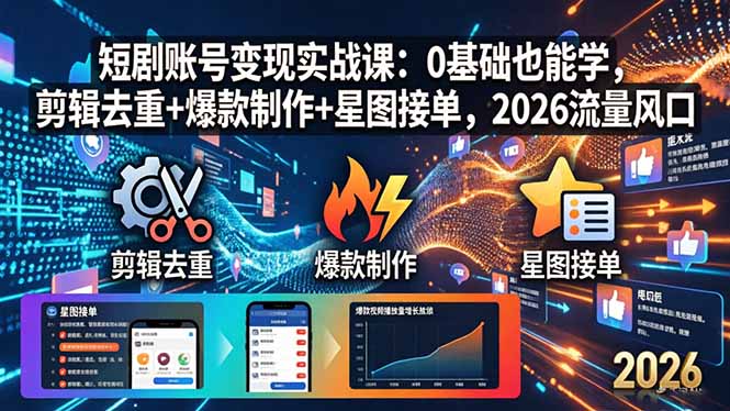 短剧账号变现实战课：0基础也能学，剪辑去重+爆款制作+星图接单，2026流量风口-保成圈-山云人力,分享创业咨询_最新网络项目资源