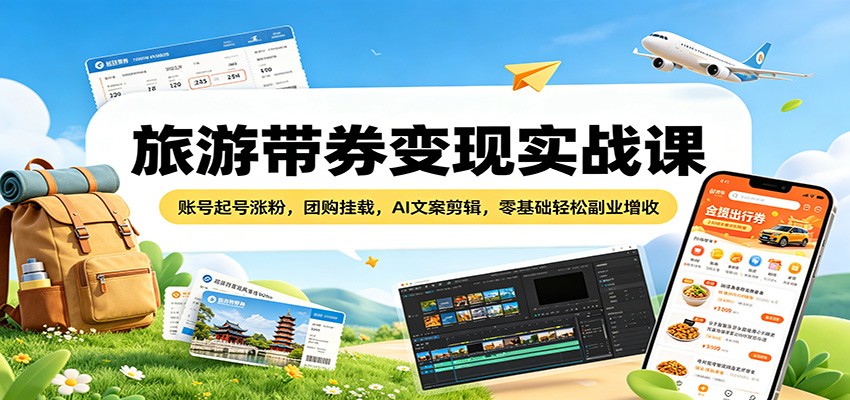 旅游带券变现实战课：账号起号涨粉，团购挂载，AI文案剪辑，零基础轻松副业增收-保成圈-山云人力,分享创业咨询_最新网络项目资源