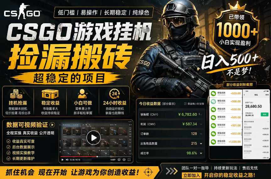 CSGO游戏搬砖，全自动挂G，不需要玩游戏，手机操作日入300+，解放双手【揭秘】-保成圈-山云人力,分享创业咨询_最新网络项目资源