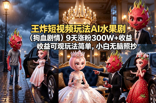 王炸短视频玩法AI水果剧(狗血剧情)9天涨粉300W+收益可观玩法简单，小白无脑照抄，详细拆解玩法-保成圈-山云人力,分享创业咨询_最新网络项目资源