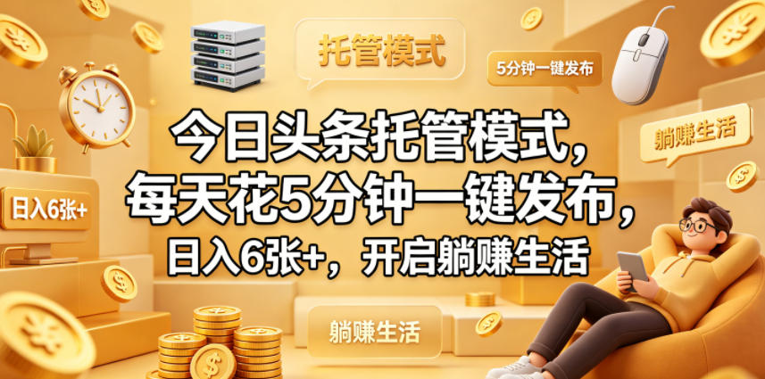 今日头条托管模式，每天花5分钟一键发布，日入6张+，开启躺賺生活【揭秘】-保成圈-山云人力,分享创业咨询_最新网络项目资源