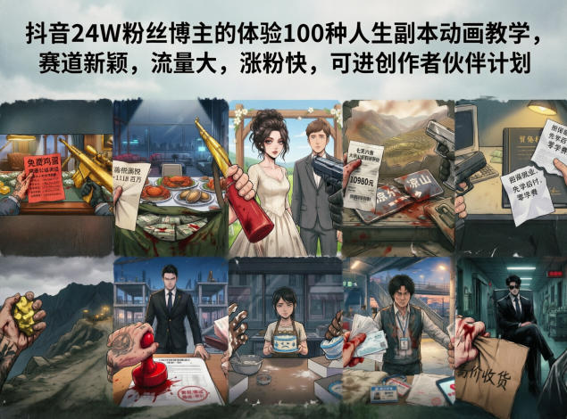 抖音24W粉丝博主的体验100种人生副本动画教学，赛道新颖，流量大，涨粉快，可进创作者伙伴计划-保成圈-山云人力,分享创业咨询_最新网络项目资源