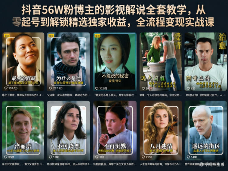 抖音56W粉博主的影视解说全套教学，从零起号到解锁精选独家收益，全流程变现实战课-保成圈-山云人力,分享创业咨询_最新网络项目资源
