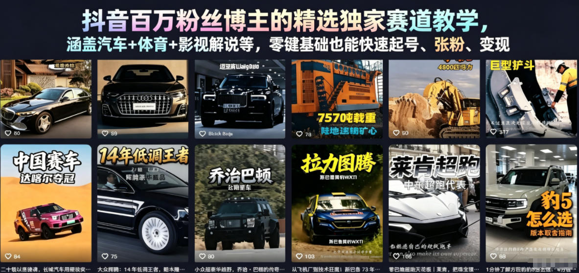 抖音百万粉丝博主的精选独家赛道教学，涵盖汽车+体育+影视解说等，零基础也能快速起号、涨粉、变现-保成圈-山云人力,分享创业咨询_最新网络项目资源