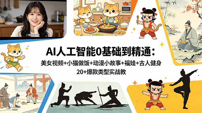 AI人工智能0基础到精通：美女视频+小猫做饭+动漫小故事+福娃+古人健身，20+爆款类型实战教学-保成圈-山云人力,分享创业咨询_最新网络项目资源