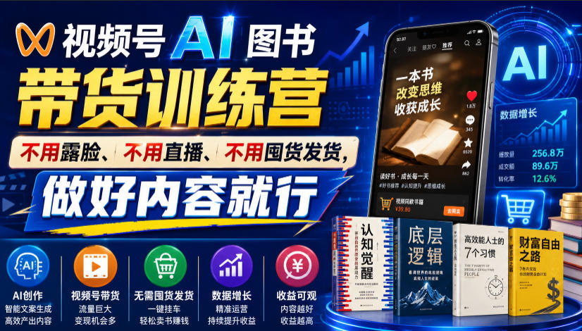 视频号AI图书带货训练营，不用露脸、不用直播、不用囤货发货，做好内容就行，一条爆款视频佣金8942-保成圈-山云人力,分享创业咨询_最新网络项目资源