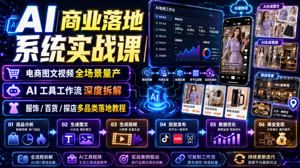 AI商业落地系统实战课｜电商图文视频全场景量产・AI工具工作流深度拆解・服饰/百货/探店多品类落地教程-保成圈-山云人力,分享创业咨询_最新网络项目资源