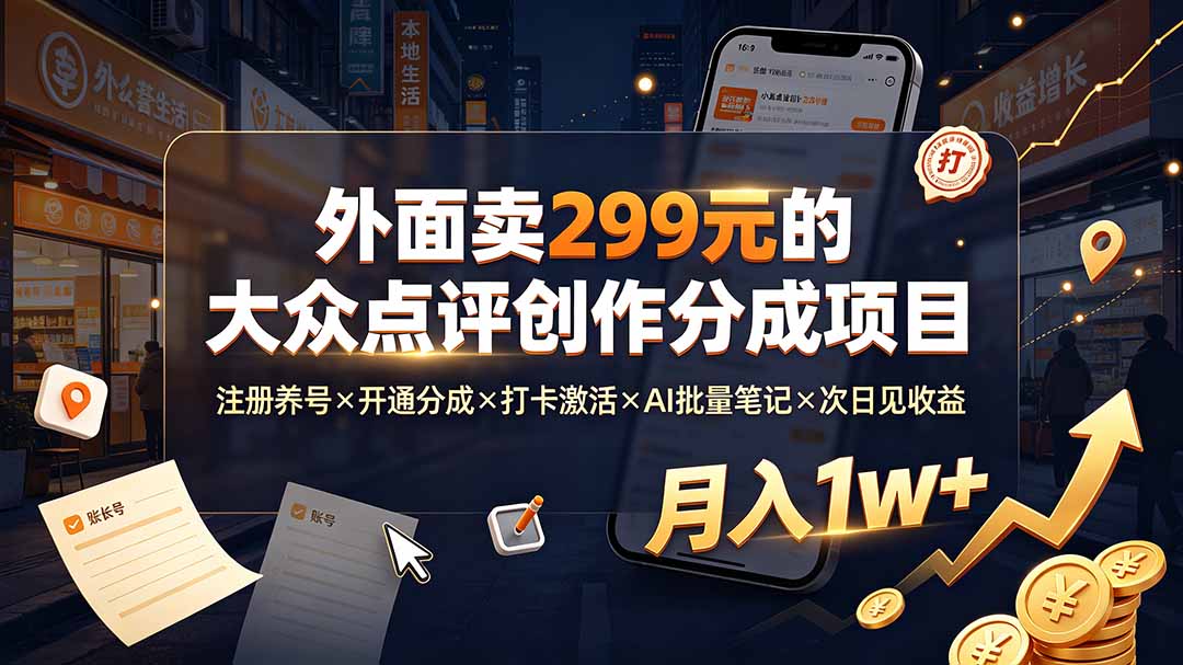 外面卖299元的大众点评创作分成项目：注册养号×开通分成×打卡激活×AI批量笔记×次日见收益，月入1w+-保成圈-山云人力,分享创业咨询_最新网络项目资源