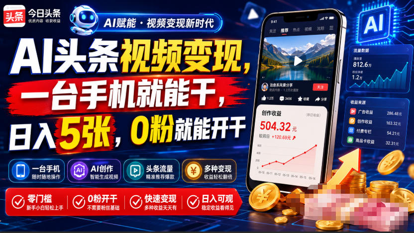AI头条视频变现，一台手机就能干，日入5张，0粉就能开干-保成圈-山云人力,分享创业咨询_最新网络项目资源