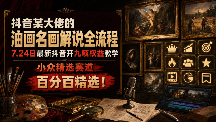 抖音某大佬的油画名画解说全流程，7.24日最新抖音开九项权益教学，小众精选赛道，百分百精选！-保成圈-山云人力,分享创业咨询_最新网络项目资源