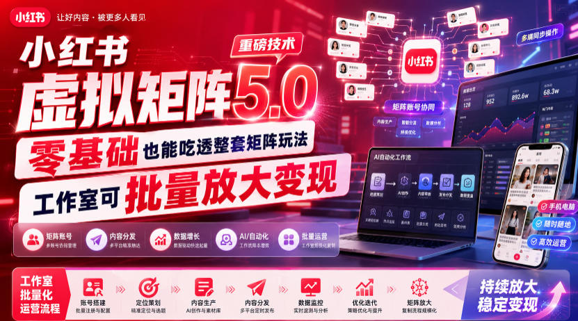 小红书虚拟矩阵5.0重磅技术，零基础也能吃透整套矩阵玩法，工作室可批量放大变现-保成圈-山云人力,分享创业咨询_最新网络项目资源