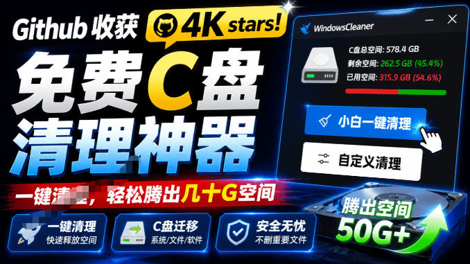 Github收获4K stars！免费C盘清理神器，轻松腾出几十G空间，支持C盘迁移Windows Cleaner-保成圈-山云人力,分享创业咨询_最新网络项目资源