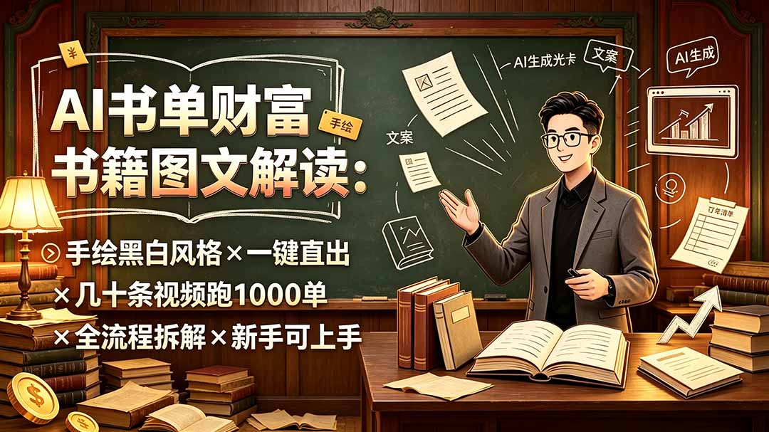 AI书单财富书籍图文解读：手绘黑白风格×一键直出×几十条视频跑1000单×全流程拆解×新手可上手-保成圈-山云人力,分享创业咨询_最新网络项目资源