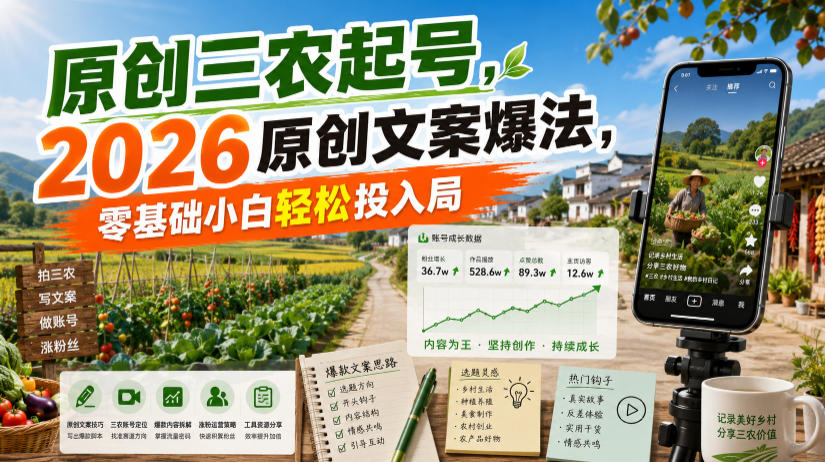 原创三农起号，2026原创文案爆法，零基础小白轻松投入局-保成圈-山云人力,分享创业咨询_最新网络项目资源
